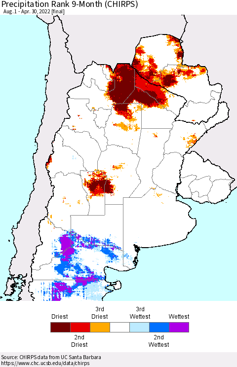 Southern South America Precipitation Rank 9-Month (CHIRPS) Thematic Map For 8/1/2021 - 4/30/2022