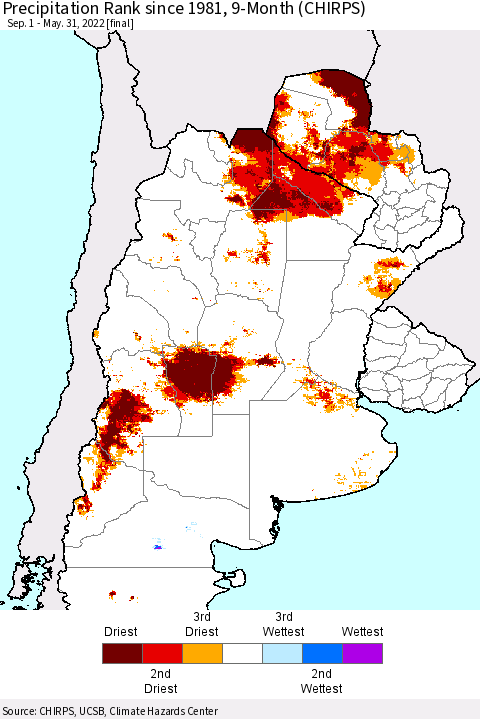 Southern South America Precipitation Rank since 1981, 9-Month (CHIRPS) Thematic Map For 9/1/2021 - 5/31/2022