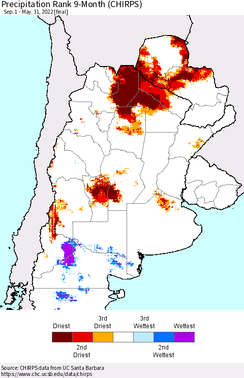 Southern South America Precipitation Rank since 1981, 9-Month (CHIRPS) Thematic Map For 9/1/2021 - 5/31/2022