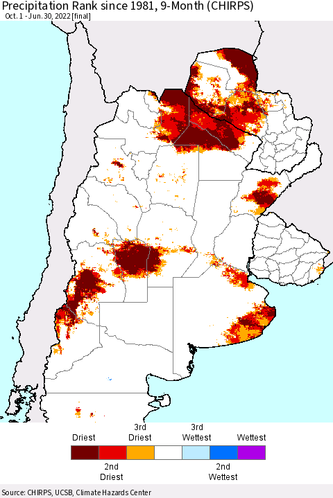 Southern South America Precipitation Rank since 1981, 9-Month (CHIRPS) Thematic Map For 10/1/2021 - 6/30/2022