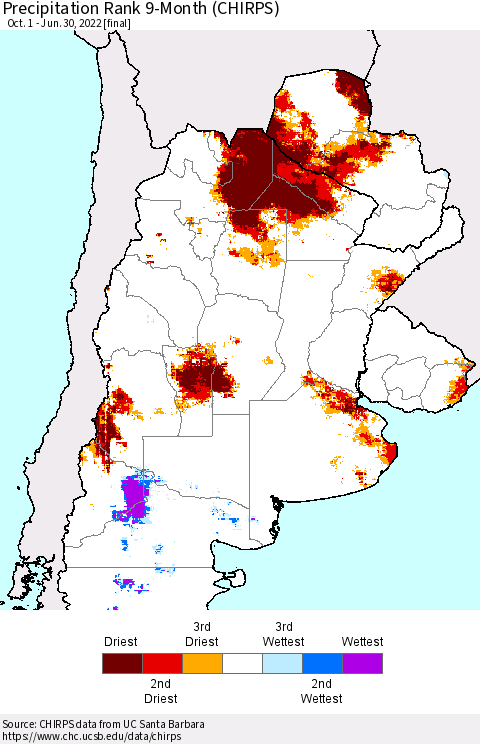Southern South America Precipitation Rank 9-Month (CHIRPS) Thematic Map For 10/1/2021 - 6/30/2022