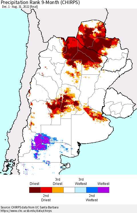 Southern South America Precipitation Rank 9-Month (CHIRPS) Thematic Map For 12/1/2021 - 8/31/2022