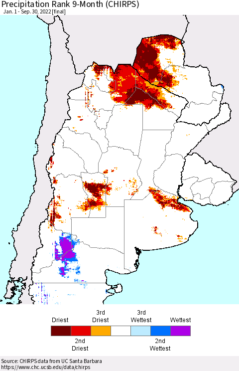 Southern South America Precipitation Rank 9-Month (CHIRPS) Thematic Map For 1/1/2022 - 9/30/2022