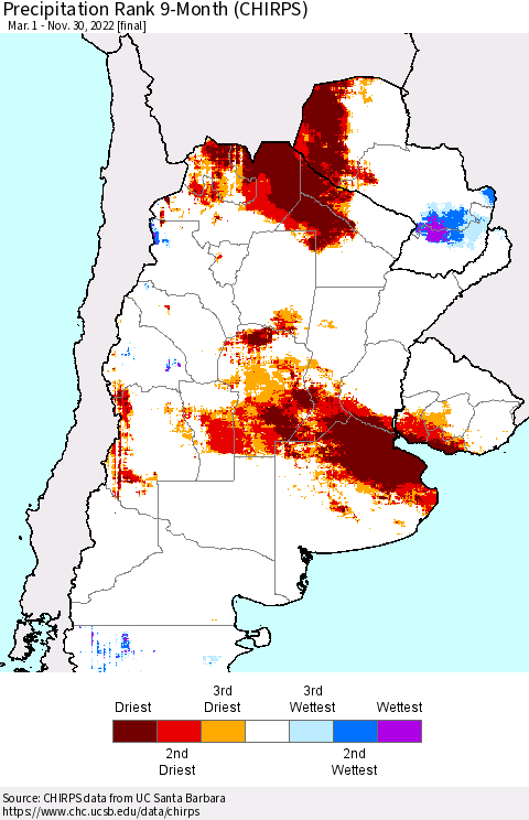 Southern South America Precipitation Rank since 1981, 9-Month (CHIRPS) Thematic Map For 3/1/2022 - 11/30/2022