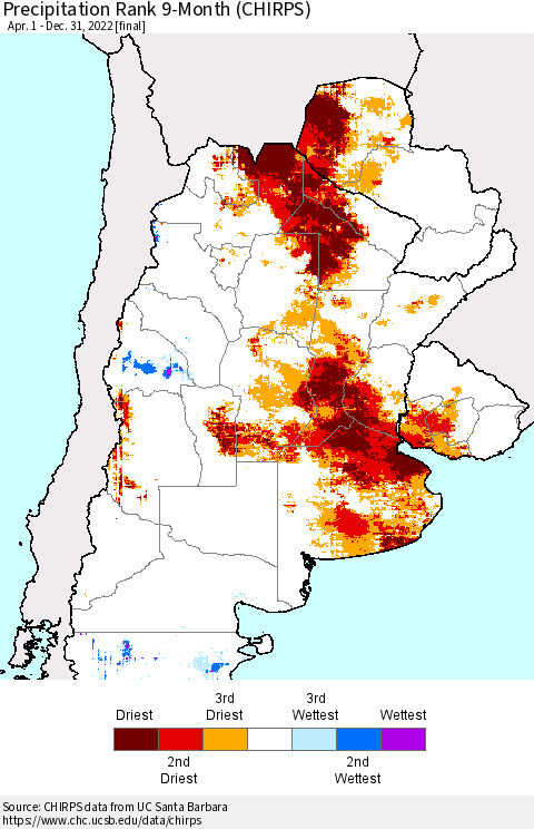 Southern South America Precipitation Rank since 1981, 9-Month (CHIRPS) Thematic Map For 4/1/2022 - 12/31/2022