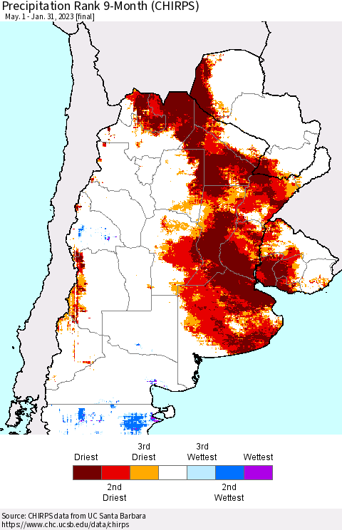 Southern South America Precipitation Rank since 1981, 9-Month (CHIRPS) Thematic Map For 5/1/2022 - 1/31/2023