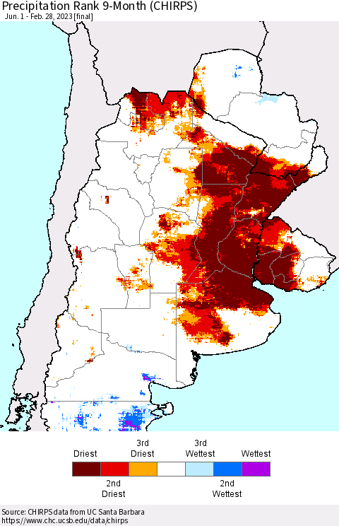 Southern South America Precipitation Rank since 1981, 9-Month (CHIRPS) Thematic Map For 6/1/2022 - 2/28/2023