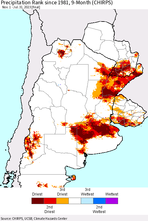 Southern South America Precipitation Rank since 1981, 9-Month (CHIRPS) Thematic Map For 11/1/2022 - 7/31/2023