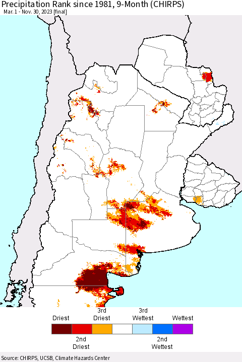 Southern South America Precipitation Rank since 1981, 9-Month (CHIRPS) Thematic Map For 3/1/2023 - 11/30/2023