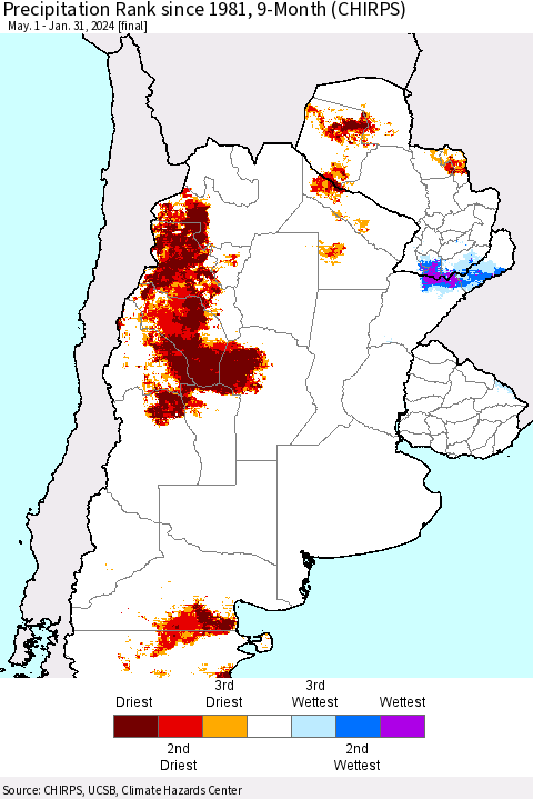 Southern South America Precipitation Rank since 1981, 9-Month (CHIRPS) Thematic Map For 5/1/2023 - 1/31/2024