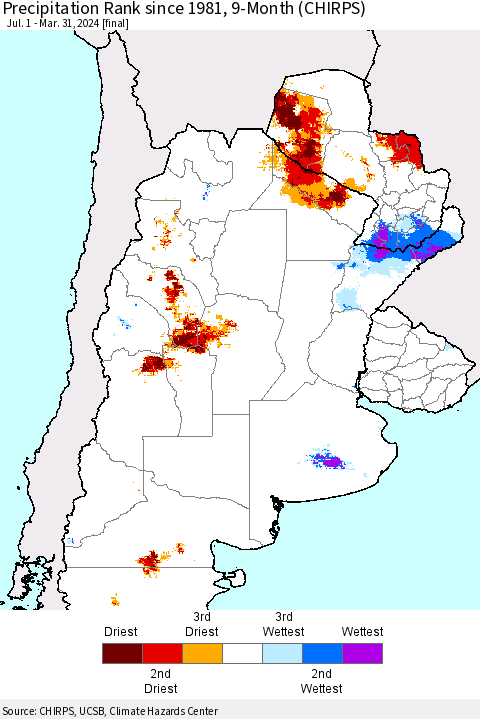 Southern South America Precipitation Rank since 1981, 9-Month (CHIRPS) Thematic Map For 7/1/2023 - 3/31/2024
