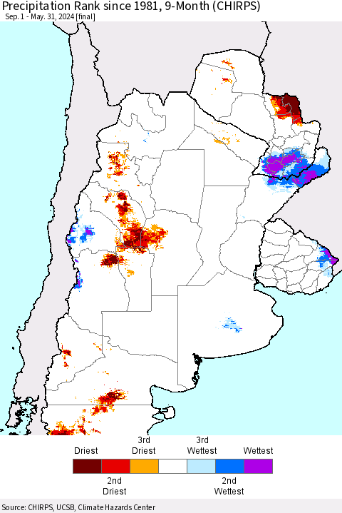 Southern South America Precipitation Rank since 1981, 9-Month (CHIRPS) Thematic Map For 9/1/2023 - 5/31/2024