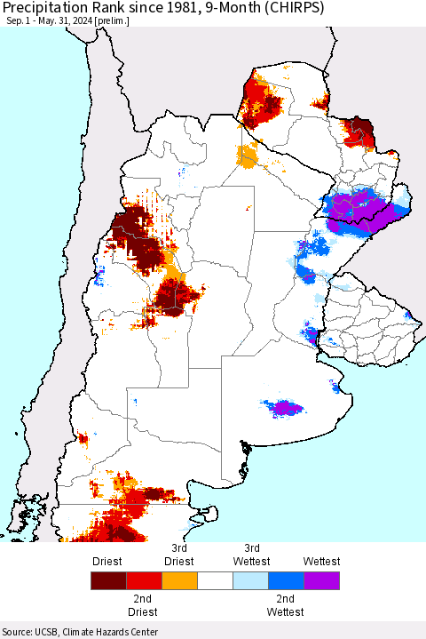Southern South America Precipitation Rank since 1981, 9-Month (CHIRPS) Thematic Map For 9/1/2023 - 5/31/2024