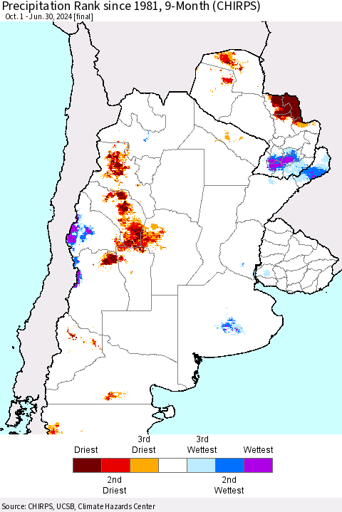 Southern South America Precipitation Rank since 1981, 9-Month (CHIRPS) Thematic Map For 10/1/2023 - 6/30/2024
