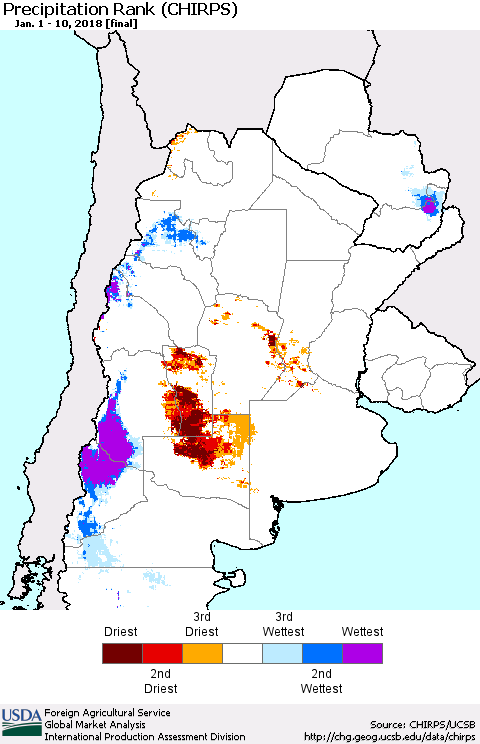 Southern South America Precipitation Rank since 1981 (CHIRPS) Thematic Map For 1/1/2018 - 1/10/2018