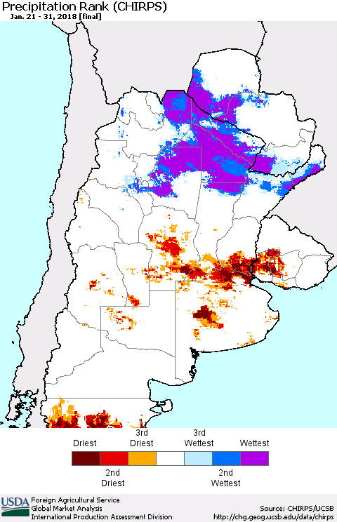 Southern South America Precipitation Rank since 1981 (CHIRPS) Thematic Map For 1/21/2018 - 1/31/2018