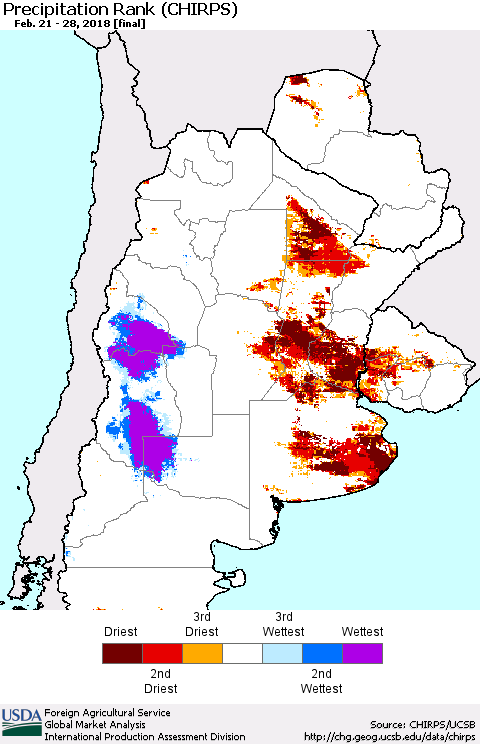 Southern South America Precipitation Rank since 1981 (CHIRPS) Thematic Map For 2/21/2018 - 2/28/2018