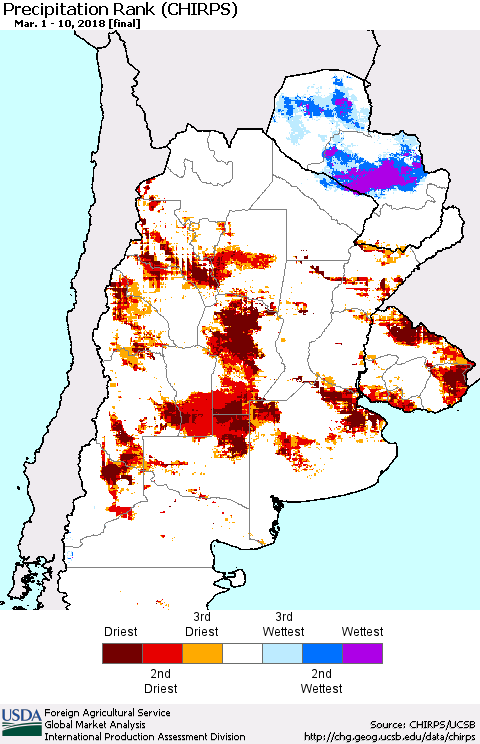 Southern South America Precipitation Rank since 1981 (CHIRPS) Thematic Map For 3/1/2018 - 3/10/2018