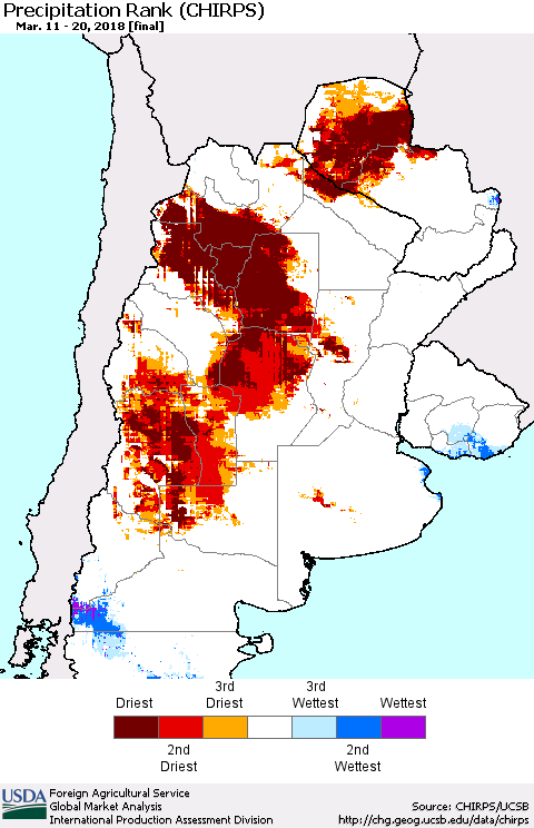 Southern South America Precipitation Rank since 1981 (CHIRPS) Thematic Map For 3/11/2018 - 3/20/2018