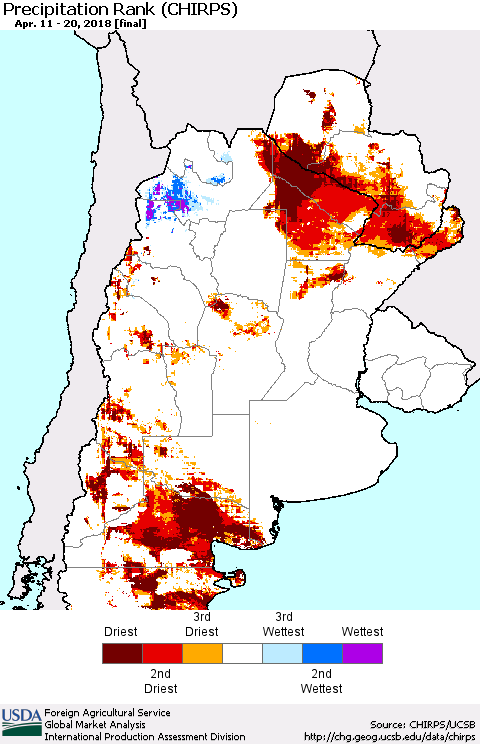 Southern South America Precipitation Rank since 1981 (CHIRPS) Thematic Map For 4/11/2018 - 4/20/2018