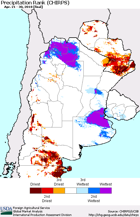 Southern South America Precipitation Rank since 1981 (CHIRPS) Thematic Map For 4/21/2018 - 4/30/2018
