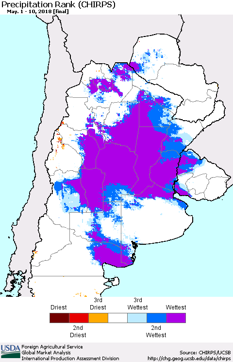 Southern South America Precipitation Rank since 1981 (CHIRPS) Thematic Map For 5/1/2018 - 5/10/2018