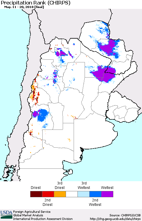 Southern South America Precipitation Rank since 1981 (CHIRPS) Thematic Map For 5/11/2018 - 5/20/2018