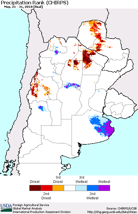 Southern South America Precipitation Rank since 1981 (CHIRPS) Thematic Map For 5/21/2018 - 5/31/2018