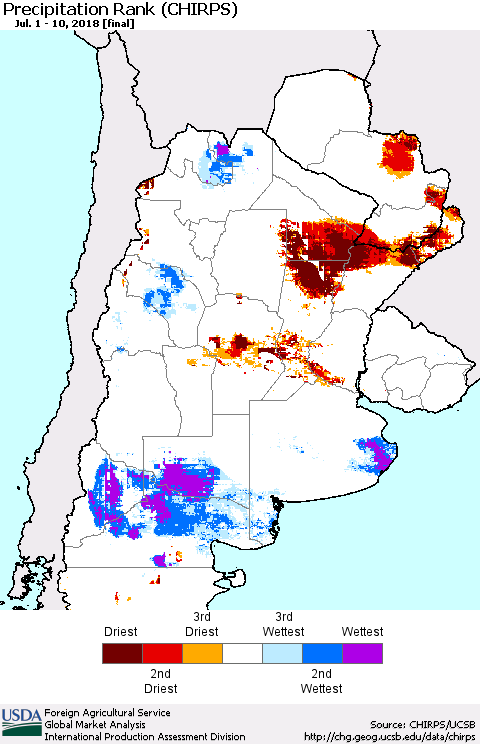 Southern South America Precipitation Rank since 1981 (CHIRPS) Thematic Map For 7/1/2018 - 7/10/2018