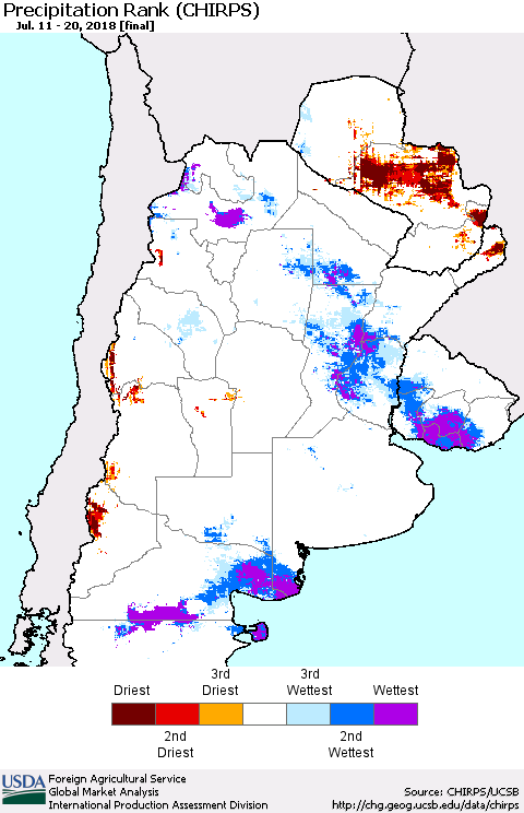Southern South America Precipitation Rank since 1981 (CHIRPS) Thematic Map For 7/11/2018 - 7/20/2018