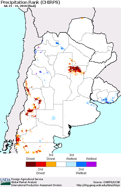 Southern South America Precipitation Rank since 1981 (CHIRPS) Thematic Map For 7/21/2018 - 7/31/2018