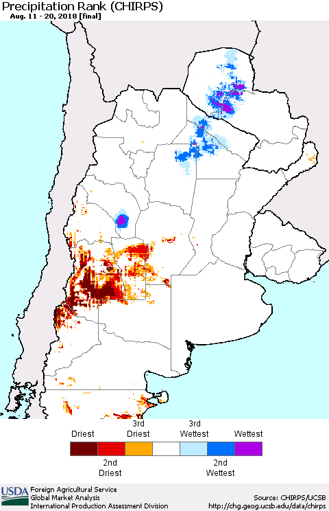 Southern South America Precipitation Rank since 1981 (CHIRPS) Thematic Map For 8/11/2018 - 8/20/2018