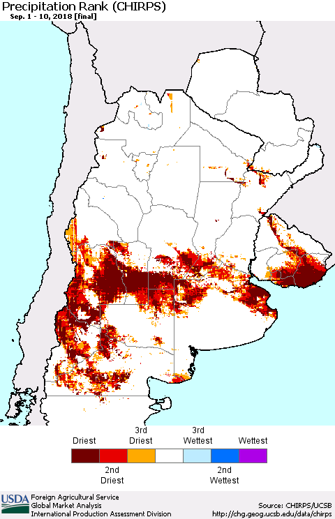 Southern South America Precipitation Rank since 1981 (CHIRPS) Thematic Map For 9/1/2018 - 9/10/2018