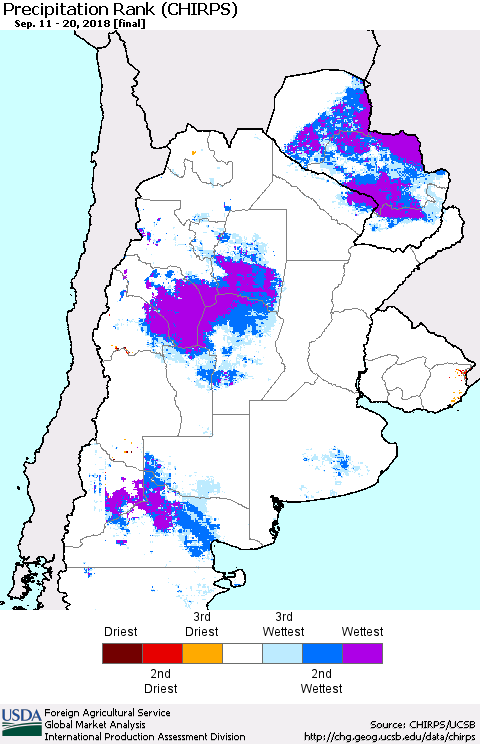 Southern South America Precipitation Rank since 1981 (CHIRPS) Thematic Map For 9/11/2018 - 9/20/2018