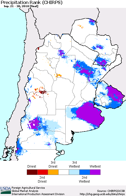 Southern South America Precipitation Rank since 1981 (CHIRPS) Thematic Map For 9/21/2018 - 9/30/2018
