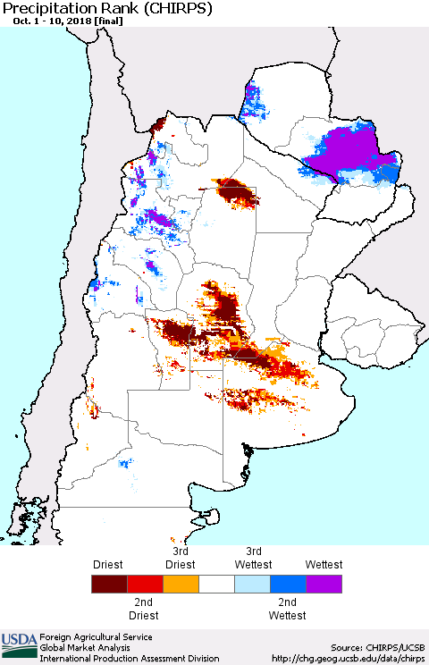 Southern South America Precipitation Rank since 1981 (CHIRPS) Thematic Map For 10/1/2018 - 10/10/2018