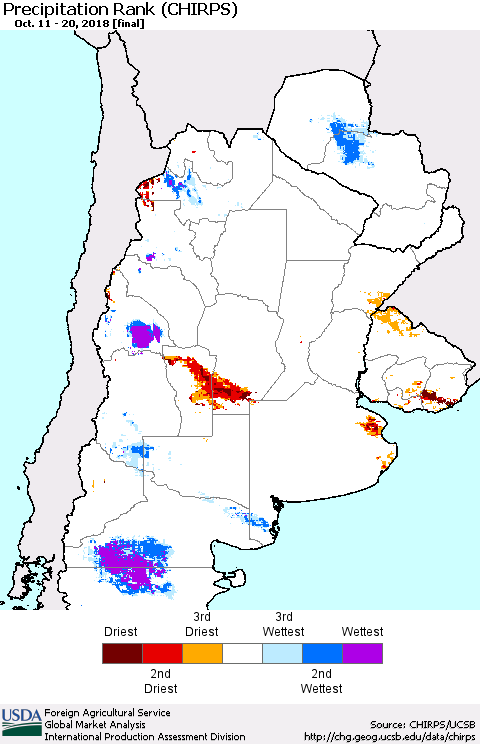 Southern South America Precipitation Rank since 1981 (CHIRPS) Thematic Map For 10/11/2018 - 10/20/2018