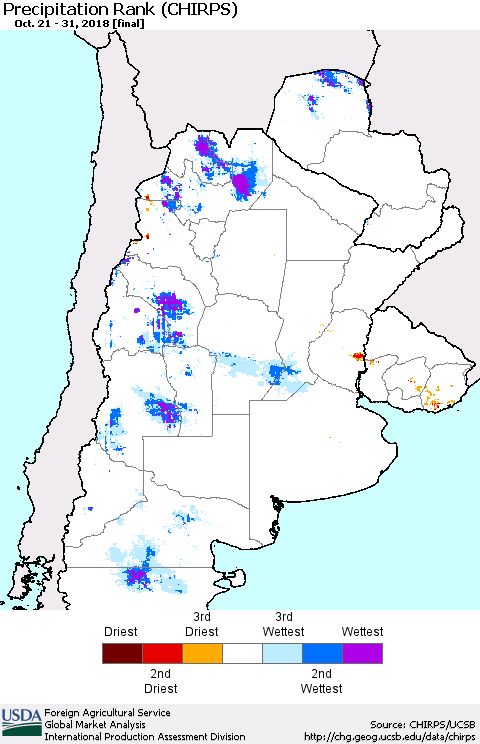 Southern South America Precipitation Rank since 1981 (CHIRPS) Thematic Map For 10/21/2018 - 10/31/2018