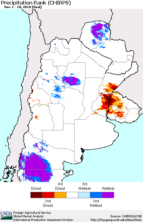 Southern South America Precipitation Rank since 1981 (CHIRPS) Thematic Map For 11/1/2018 - 11/10/2018