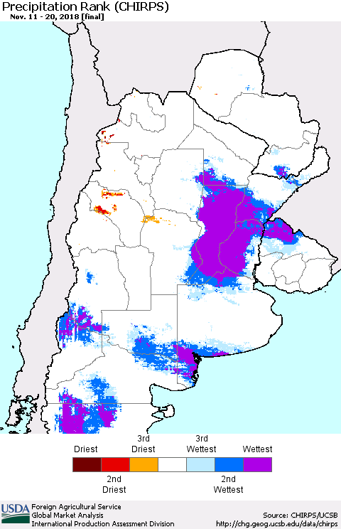 Southern South America Precipitation Rank since 1981 (CHIRPS) Thematic Map For 11/11/2018 - 11/20/2018