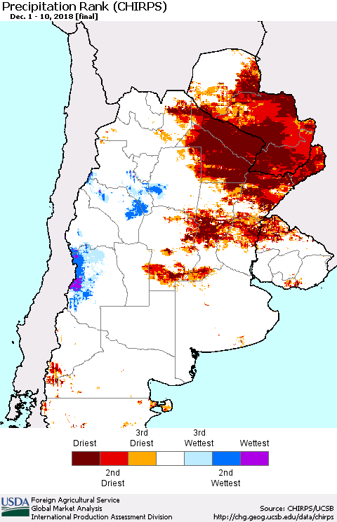 Southern South America Precipitation Rank since 1981 (CHIRPS) Thematic Map For 12/1/2018 - 12/10/2018