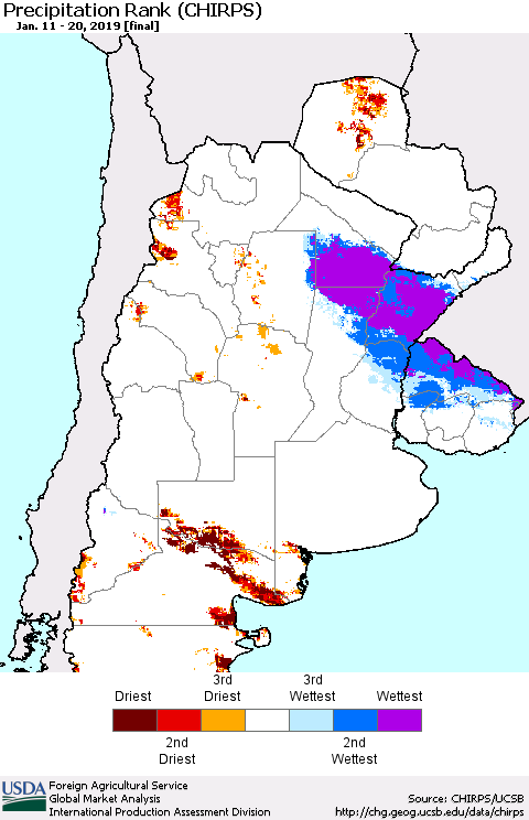 Southern South America Precipitation Rank since 1981 (CHIRPS) Thematic Map For 1/11/2019 - 1/20/2019