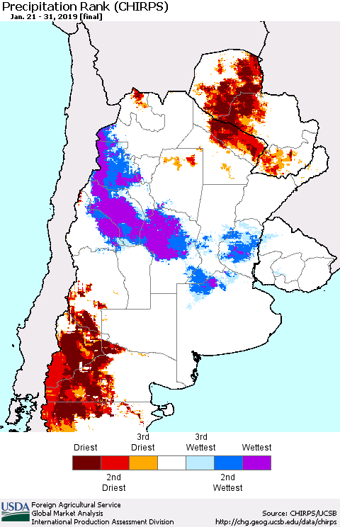 Southern South America Precipitation Rank since 1981 (CHIRPS) Thematic Map For 1/21/2019 - 1/31/2019