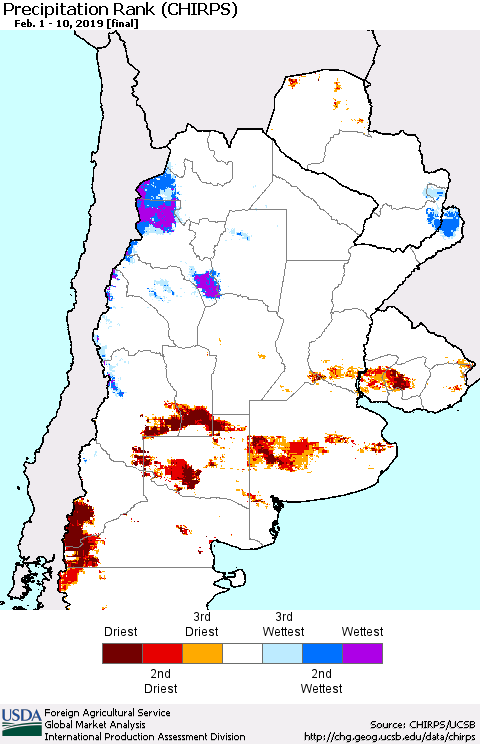 Southern South America Precipitation Rank since 1981 (CHIRPS) Thematic Map For 2/1/2019 - 2/10/2019