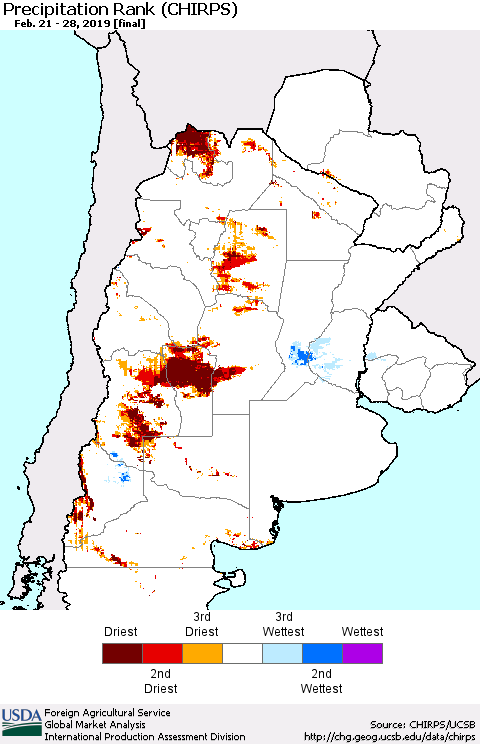 Southern South America Precipitation Rank since 1981 (CHIRPS) Thematic Map For 2/21/2019 - 2/28/2019