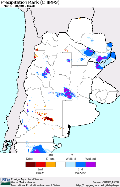 Southern South America Precipitation Rank since 1981 (CHIRPS) Thematic Map For 3/1/2019 - 3/10/2019