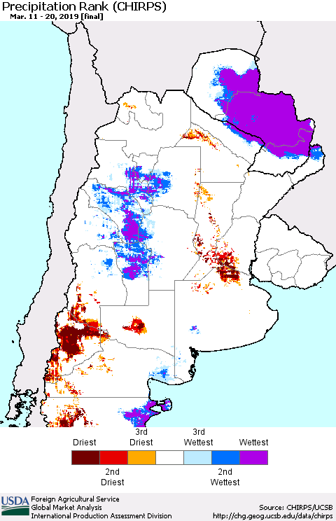 Southern South America Precipitation Rank since 1981 (CHIRPS) Thematic Map For 3/11/2019 - 3/20/2019