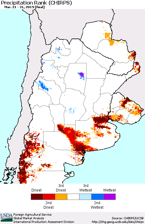 Southern South America Precipitation Rank since 1981 (CHIRPS) Thematic Map For 3/21/2019 - 3/31/2019