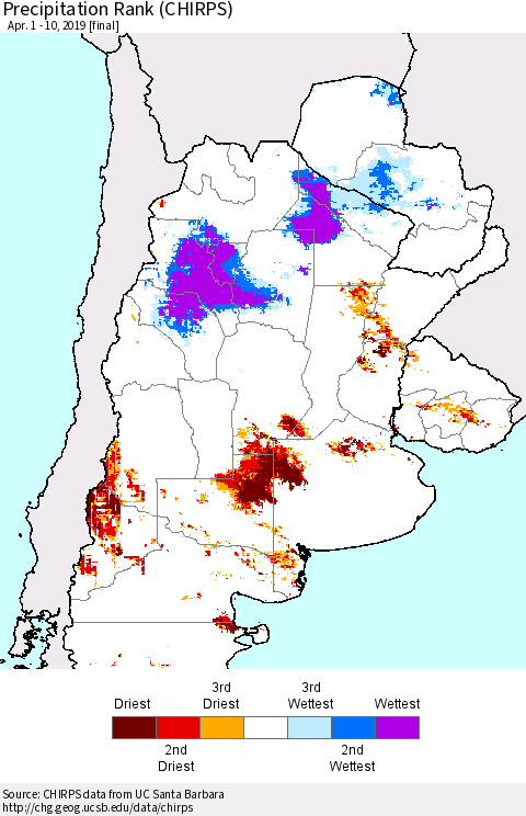 Southern South America Precipitation Rank since 1981 (CHIRPS) Thematic Map For 4/1/2019 - 4/10/2019