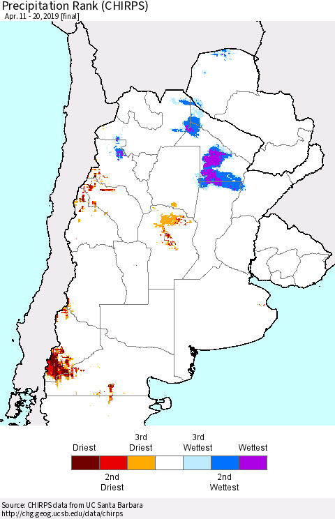 Southern South America Precipitation Rank since 1981 (CHIRPS) Thematic Map For 4/11/2019 - 4/20/2019